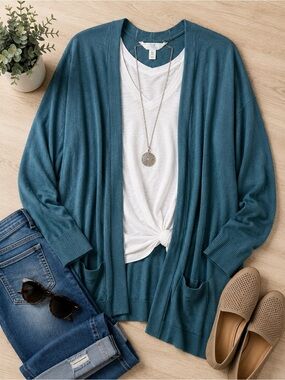 Time and Tru Teal Open-Front Women's Cardigan